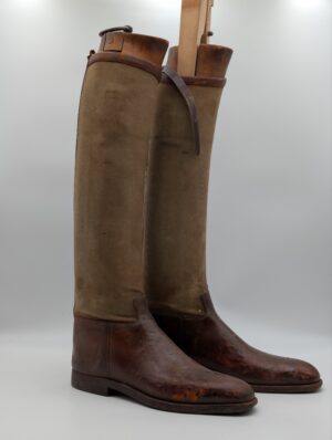 Early 20th Century Barratt of London Leather & Canvas Riding Boots with Wooden Boot Trees