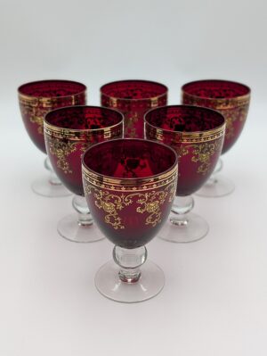 Set of Six 1960s Ruby Glass Gilded Wine Glasses with Ornate Gold Decoration