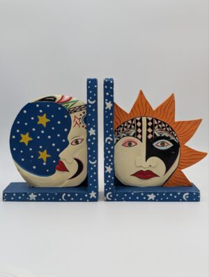1990s Hand-Painted Celestial Sun & Moon Wooden Bookends