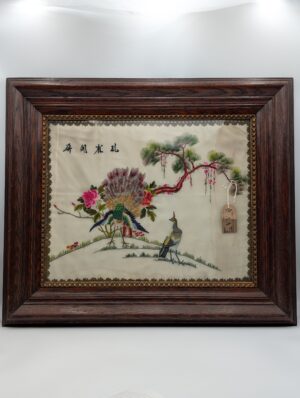 Framed Oriental Silk Embroidery of Peacock & Crane – Hand Embroidered Textile Panel