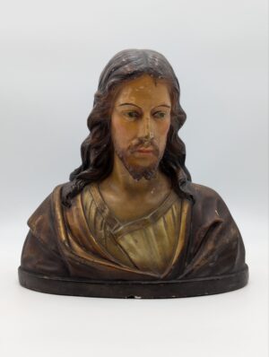 Large Hand-Painted Religious Plaster Bust of Christ – Signed