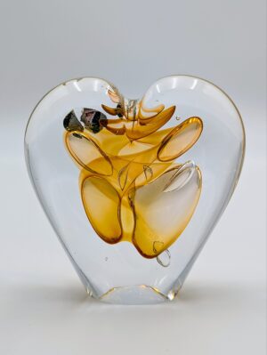 Adam Jablonski Signed Lead Crystal Heart Paperweight with Amber Inclusion