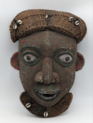 Large African Beaded Tribal Mask with Cowrie Shell and Fibre Headdress