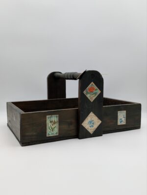 Vintage Wooden Plant Caddy with Handle & Postage Stamp Decoration