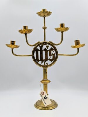 Heavy Brass Five Branch Candelabra with Gothic Motif Centre