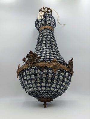 French Beaded & Gilt Metal Hanging Chandelier with Cherub Mounts