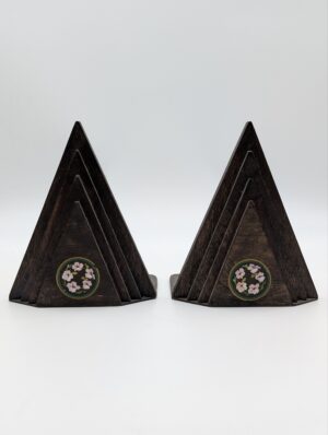 Art Deco Wooden Bookends with Floral Roundel Detail – Pair