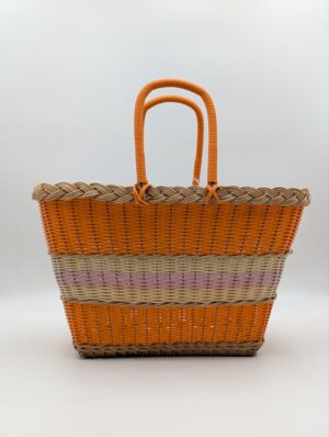 1950s Woven Plastic Market Basket Bag – Orange & Neutral Stripe
