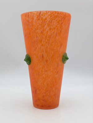 Verre Soufflé Bouche Orange Textured Glass Vase with Applied Green Handles
