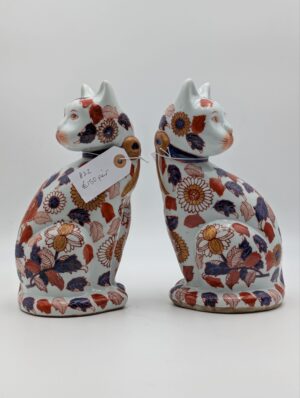 Pair of Imari Porcelain Seated Cat Figures with Gilt and Floral Decoration