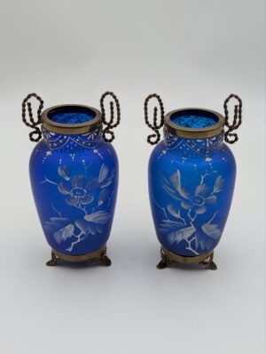Pair of Antique Blue Glass Vases with Gilt Metal Mounts