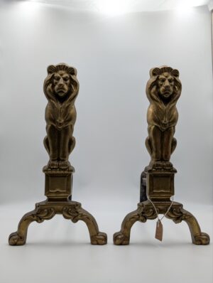 Large Pair of Antique Brass Lion Head Andirons / Firedogs