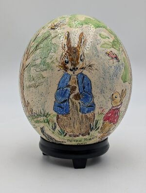 Hand Painted Peter Rabbit Ostrich Egg Decorative Piece on Stand