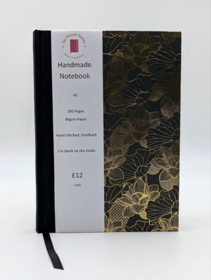 Handmade A5 Hardback Notebook by The Morpeth Bindery – Black & Gold Floral Design