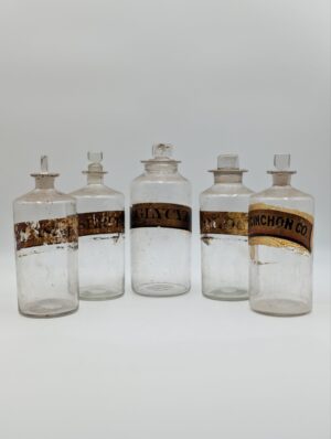 Set of Five Original Victorian Apothecary Glass Bottles with Gilt Labels and Stoppers