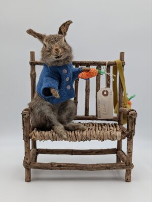 Whimsical Taxidermy “Peter Rabbit” Figure on Rustic Bench