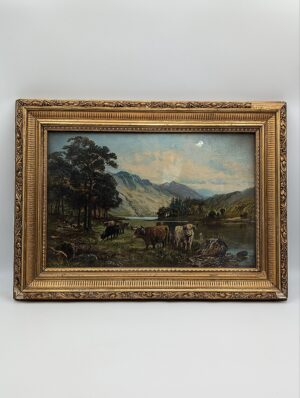 1909 Gilt Framed Oil Painting of Highland Cattle by C.W. Middleton