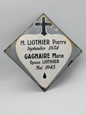 Vintage French Enamel Memorial Plaque Sign – Liothier Pierre & Gagnaire Marie Dated 1934 / 1945
