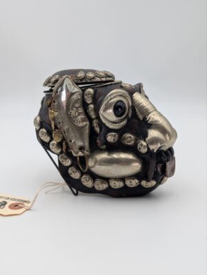 Decorative Resin Monkey Skull Kapala Style Bowl with Hinged Lid & Metal Mounts