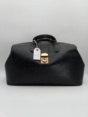 Vintage Black Leather Gladstone Bag with Brass Lock