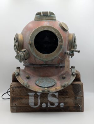 Copper Diver’s Helmet Lamp by Crazy Horse Lighting on Wooden Plinth
