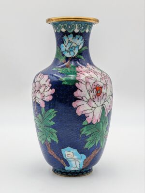 Vintage Chinese Cloisonné Enamel Vase with Floral Decoration on Cobalt Ground