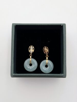 Pair of 14ct Gold Jade Disc Drop Earrings