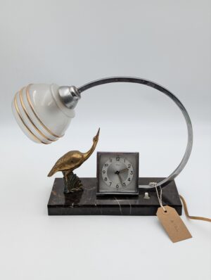 Art Deco Marble Desk Clock with Integrated Lamp & Bird Figure