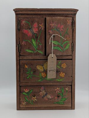 Vintage Hand-Painted Wooden Cabinet with Floral & Butterfly Decoration