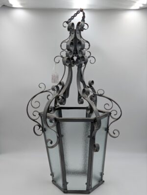 1940s French Wrought Iron Hanging Lantern with Textured Glass Panels