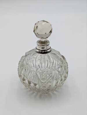 Antique Cut Glass Perfume Bottle with Sterling Silver Collar & Faceted Stopper