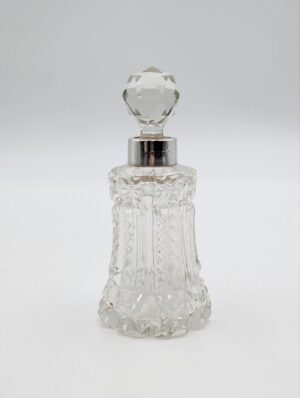 1920s Cut Glass Perfume Bottle with Sterling Silver Collar & Stopper