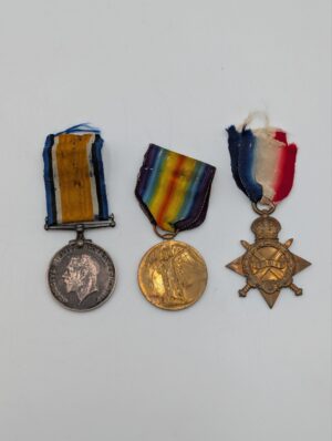 WW1 British Medal Trio – War Medal, Victory Medal & 1914–15 Star – Named to PTE F. Devine, Royal Irish Fusiliers