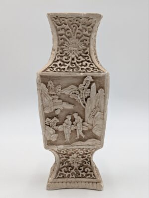 Chinese Carved Pottery Vase with Figural Landscape Panel