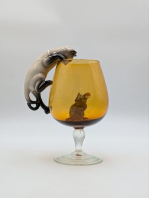 Vintage Beswick Cat & Mouse Brandy Balloon Glass with Amber Bowl