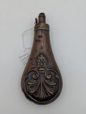 Antique Continental Copper & Brass Powder Flask with Repoussé Decoration