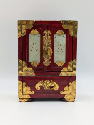 Vintage Chinese Jade Inlaid Brass Mounted Jewellery Cabinet Box with Lock & Key