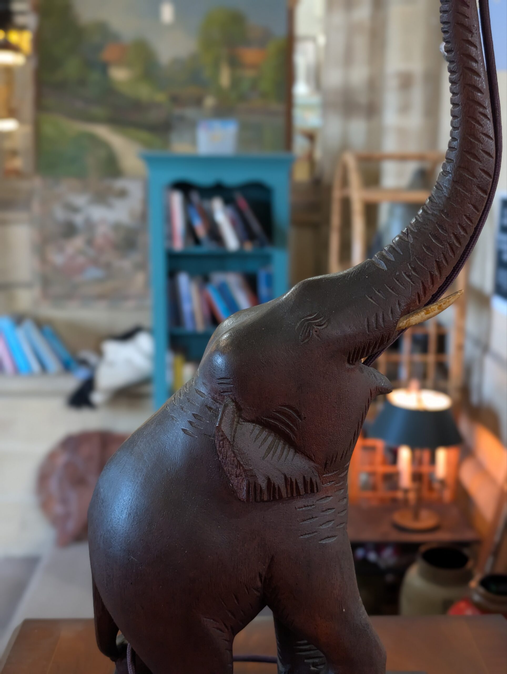 Large Hand Carved Elephant Table Lamp – African Safari Interior Décor - Image 4