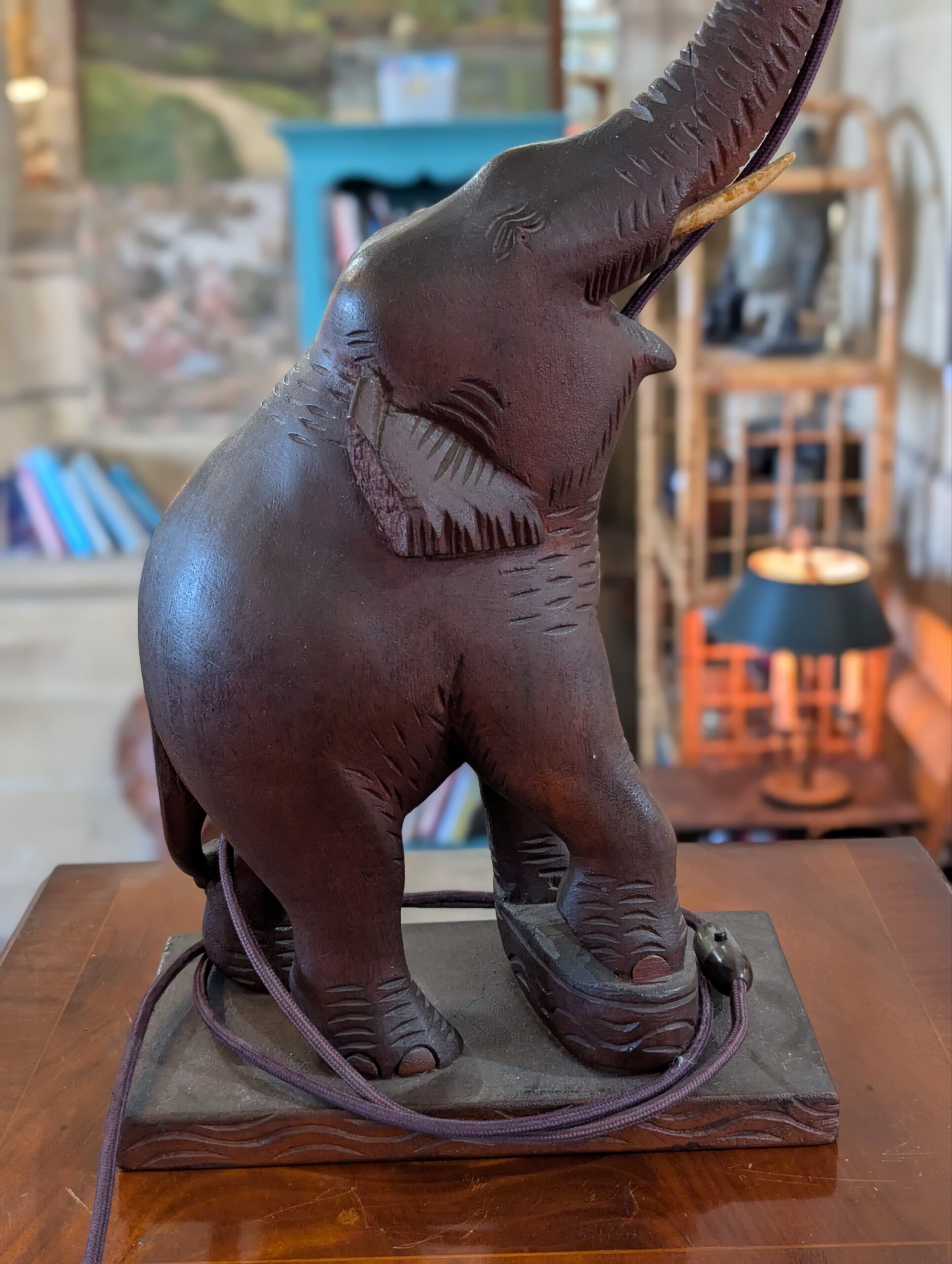 Large Hand Carved Elephant Table Lamp – African Safari Interior Décor - Image 7