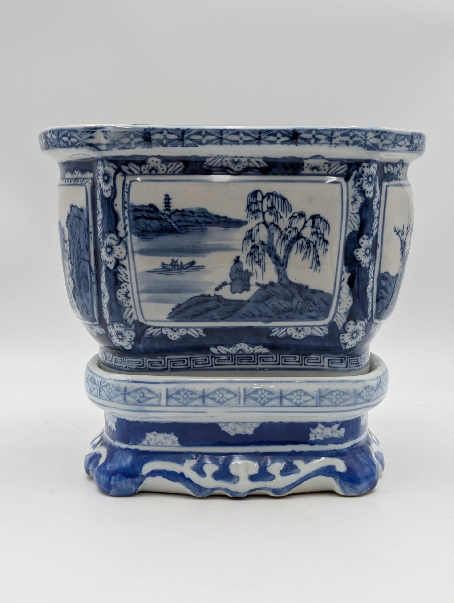 Chinese Blue & White Porcelain Planter on Stand – Landscape Decorated Jardinière