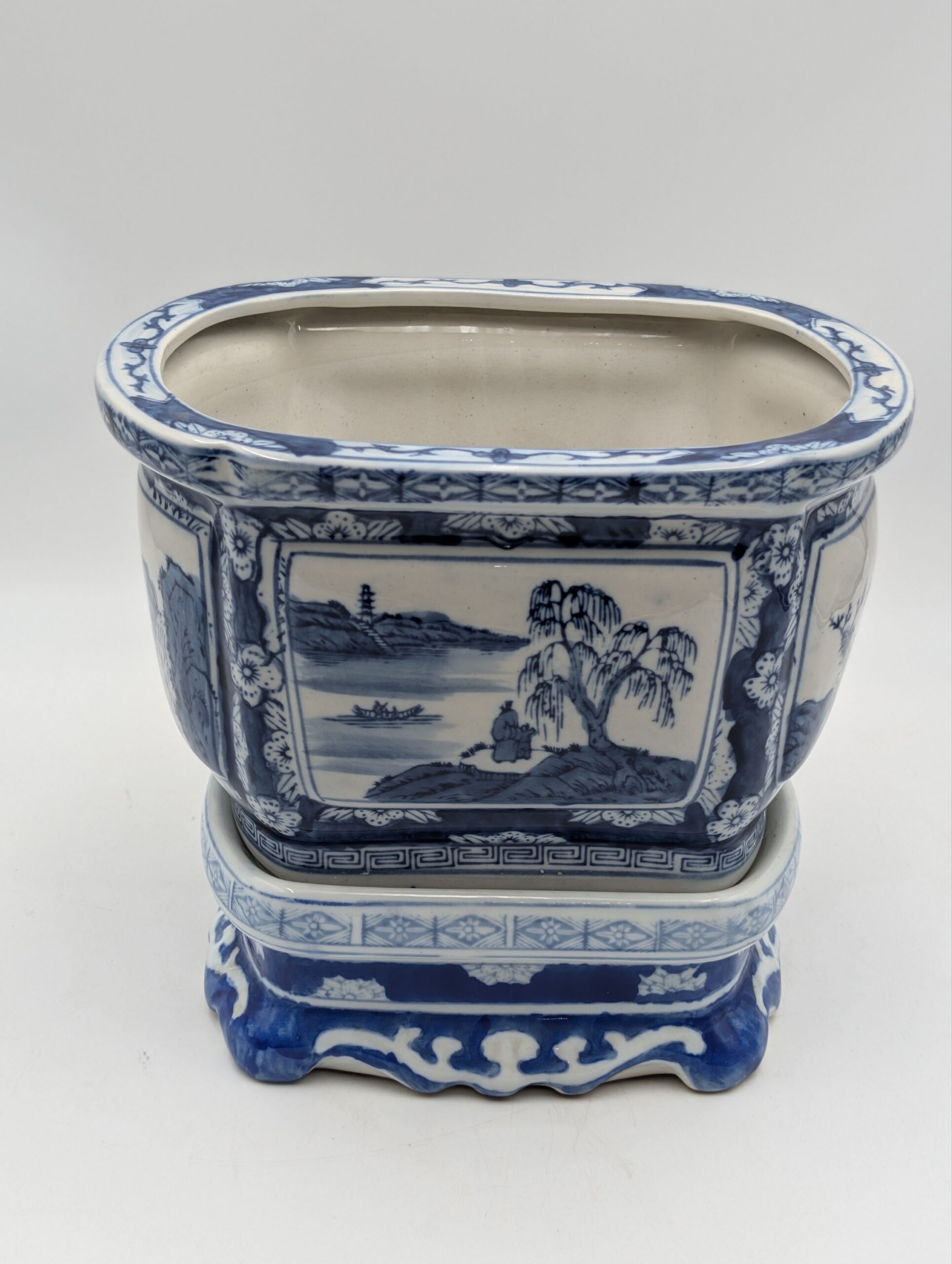 Chinese Blue & White Porcelain Planter on Stand – Landscape Decorated Jardinière - Image 5