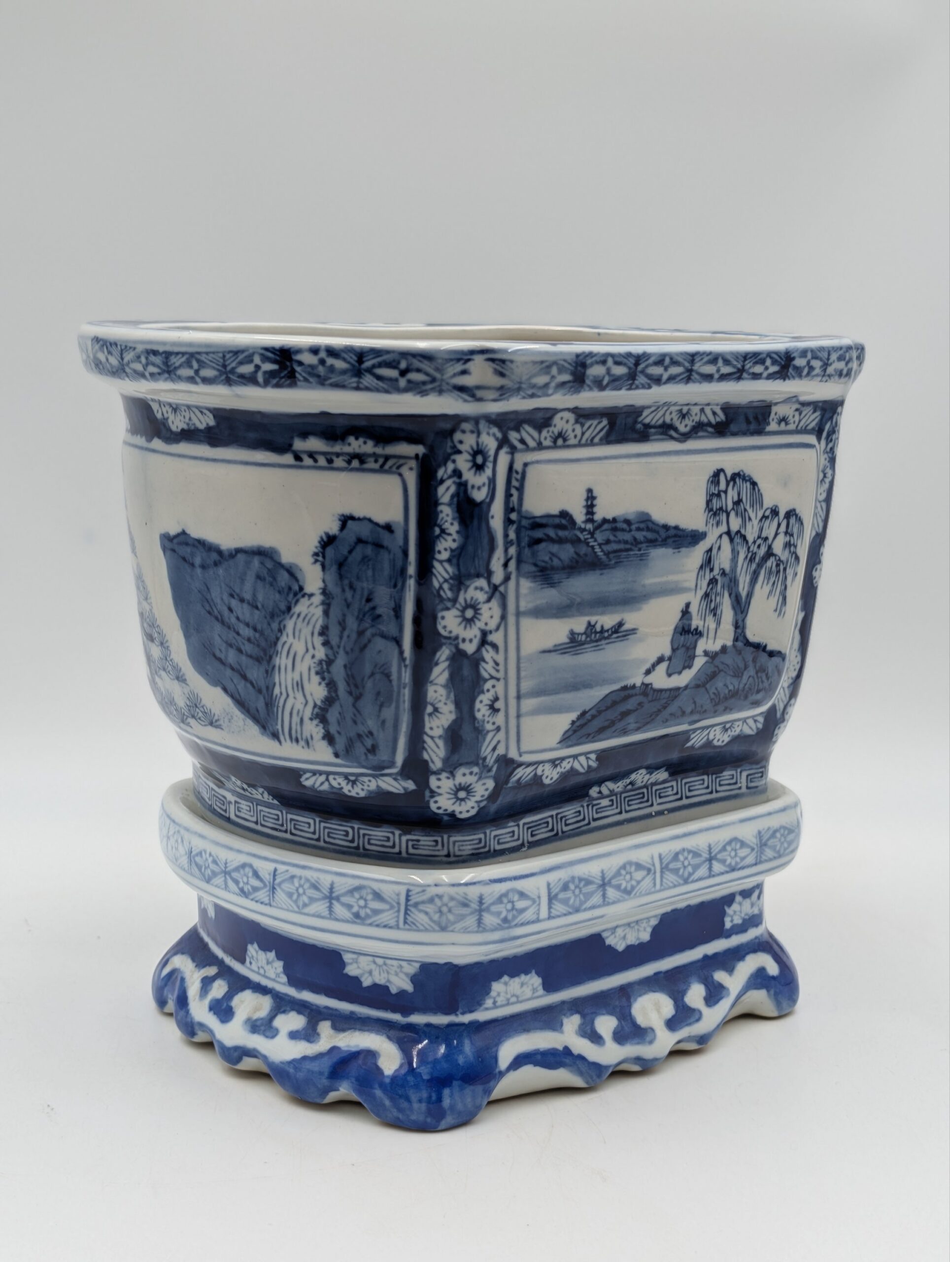 Chinese Blue & White Porcelain Planter on Stand – Landscape Decorated Jardinière - Image 3