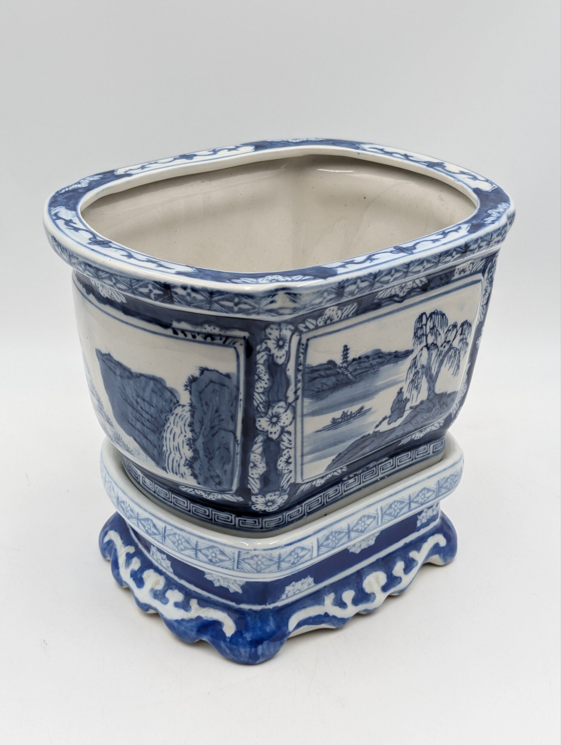 Chinese Blue & White Porcelain Planter on Stand – Landscape Decorated Jardinière - Image 7