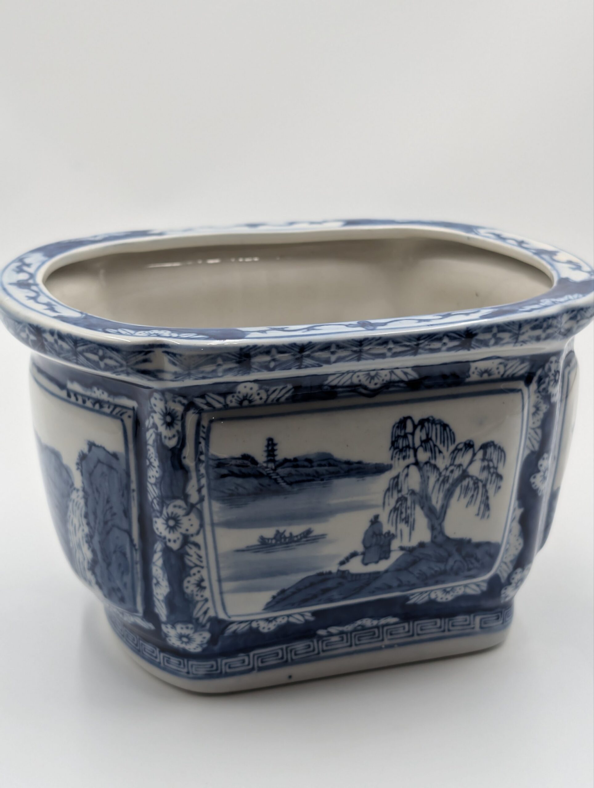 Chinese Blue & White Porcelain Planter on Stand – Landscape Decorated Jardinière - Image 6