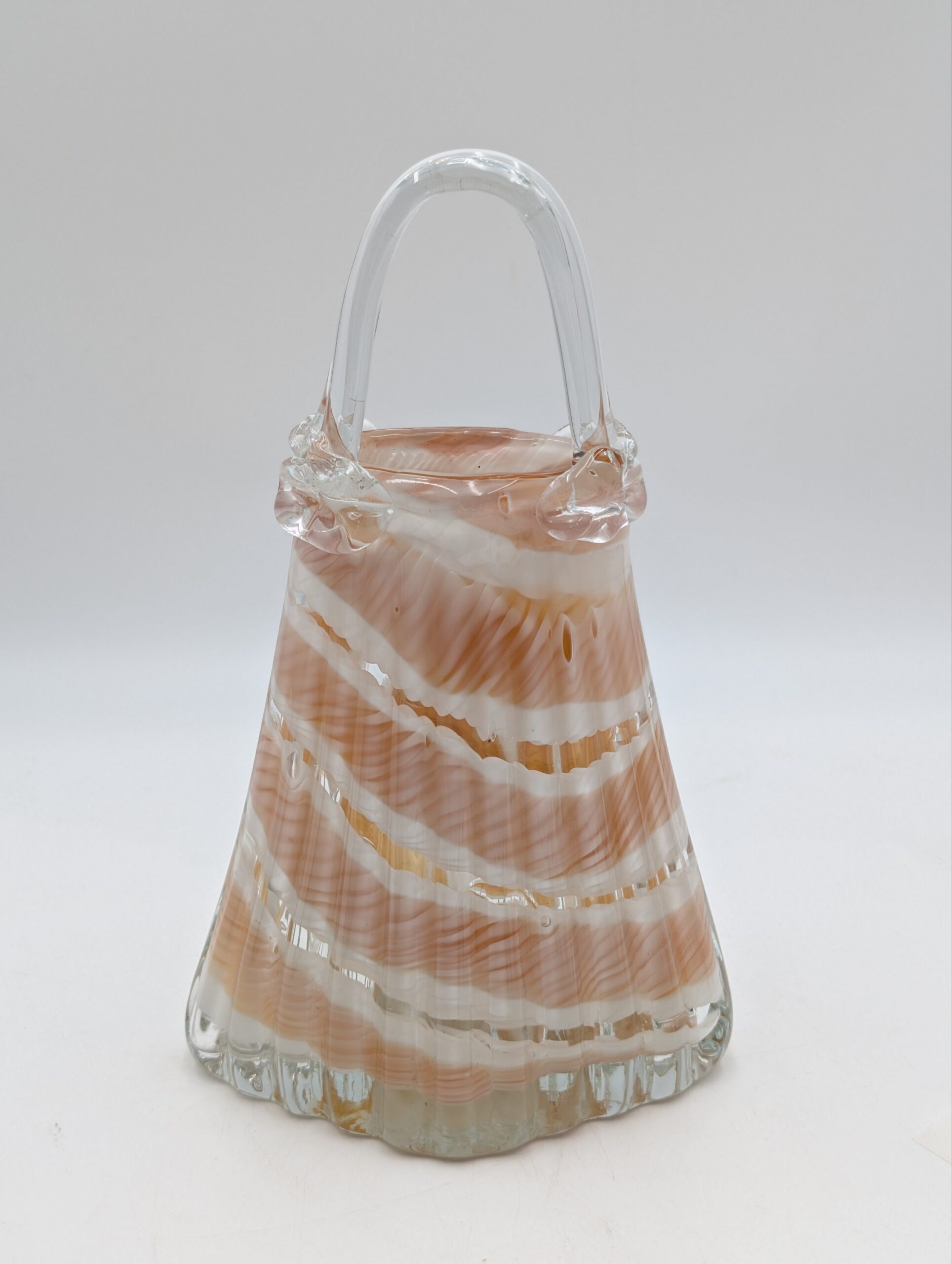 Vintage Murano Style Art Glass Handbag Vase – Pink & White Ribbon Glass Basket - Image 2
