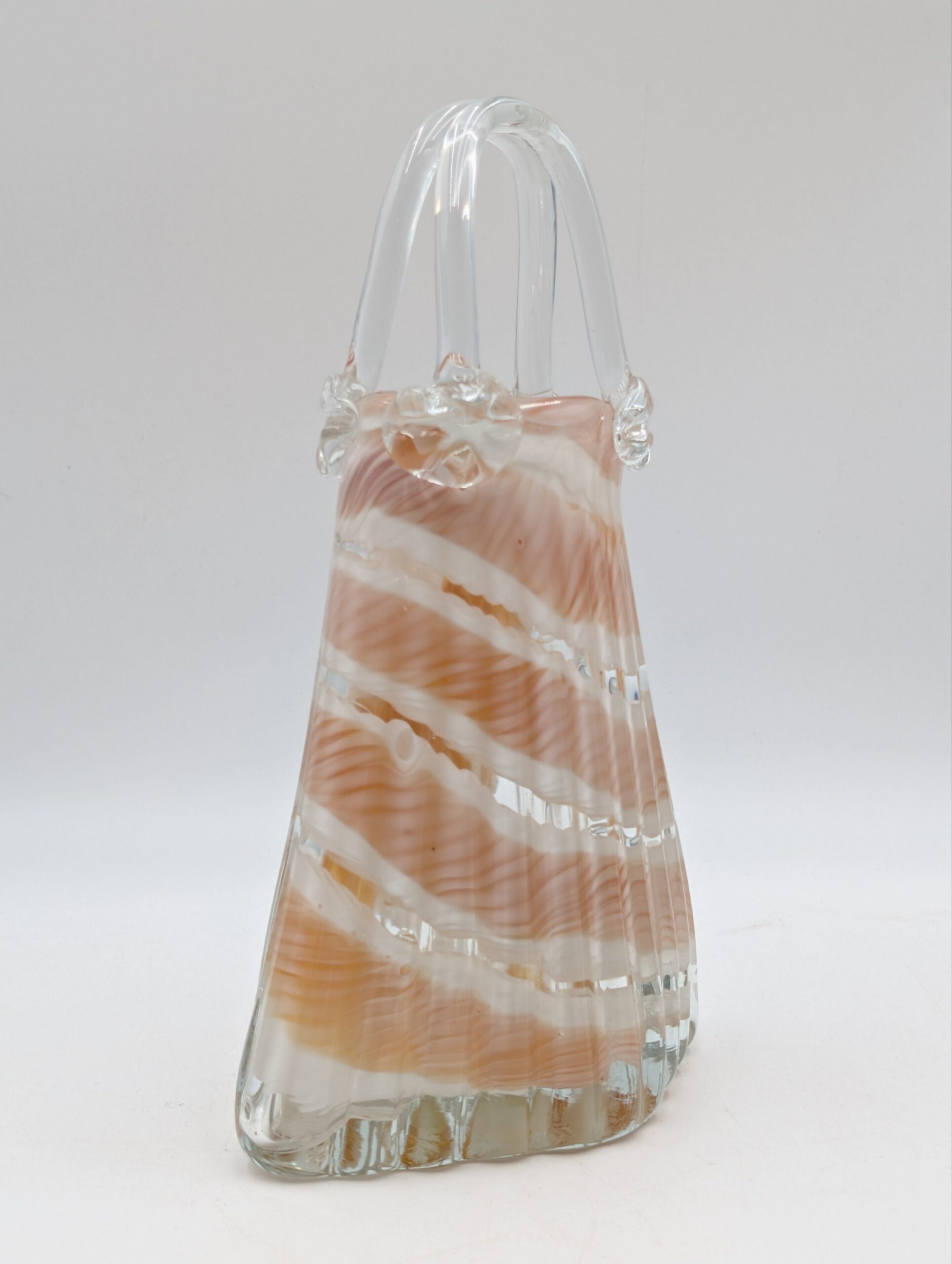 Vintage Murano Style Art Glass Handbag Vase – Pink & White Ribbon Glass Basket - Image 3