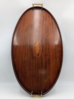 Antique Edwardian Inlaid Mahogany Oval Serving Tray – Brass Handled Tea Tray