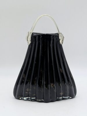 Vintage Black Aventurine Art Glass Handbag Vase – Murano Style Glitter Glass
