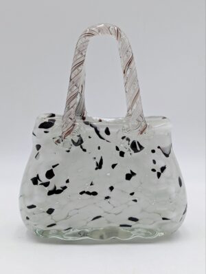 Vintage Art Glass Handbag Vase – Black & White Spatter Glass Basket