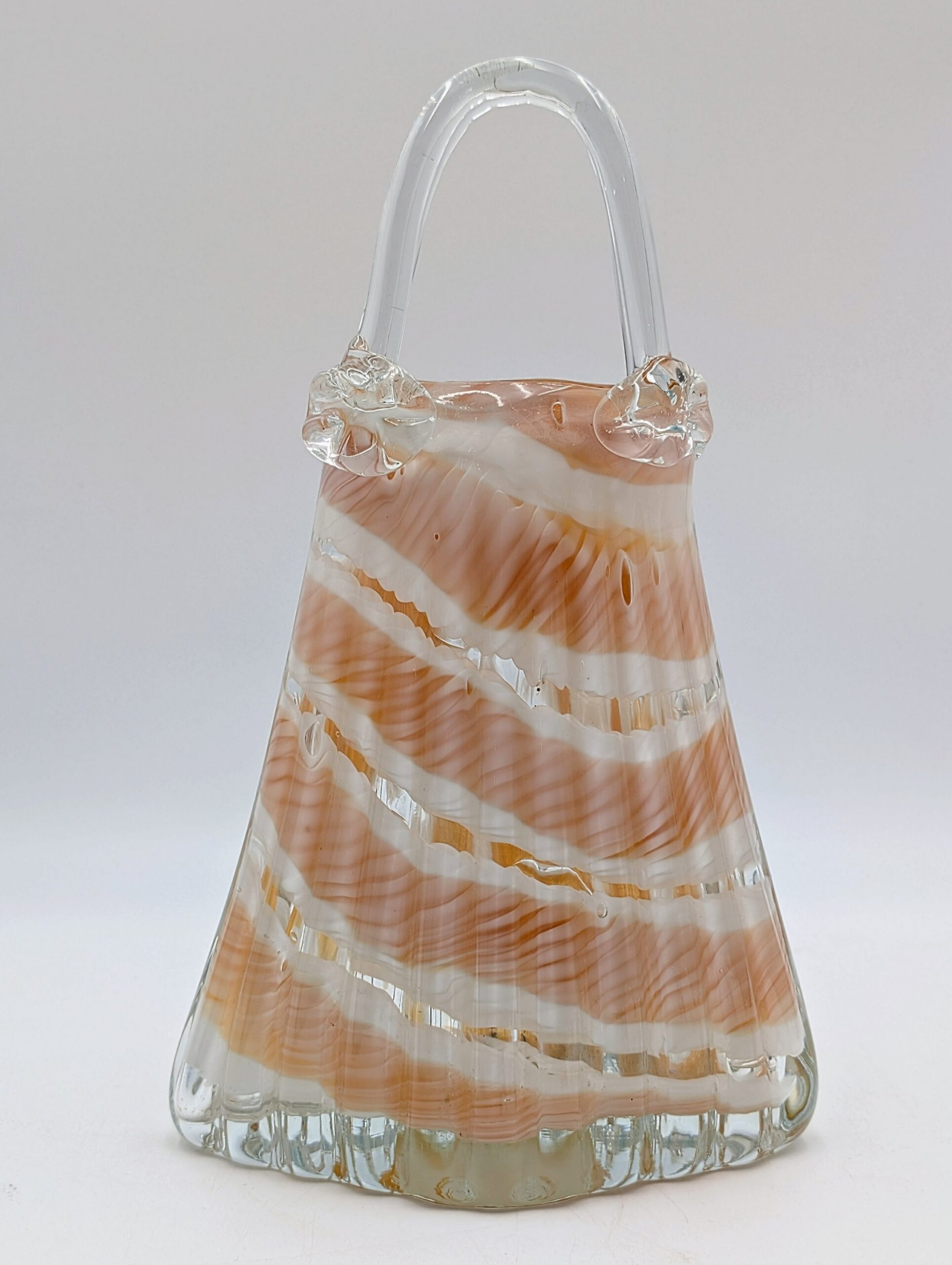 Vintage Murano Style Art Glass Handbag Vase – Pink & White Ribbon Glass Basket